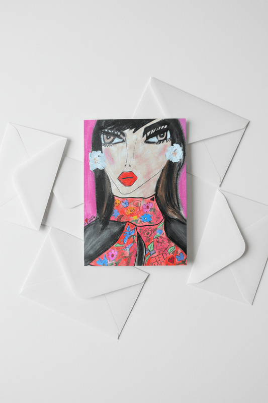 Card with a stylized illustration of a woman's face on a white background by whitney inspired floral designs nyc llc copyright