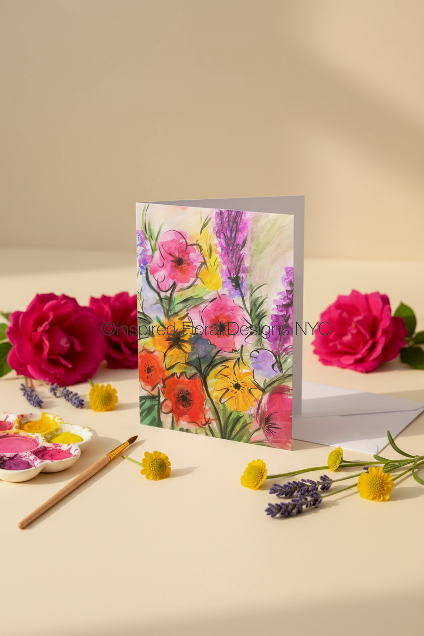 Floral card mimi's garden with pink, orange, and purple flowers on a beige background with pink roses and a paintbrush inspired floral designs nyc llc copyright 