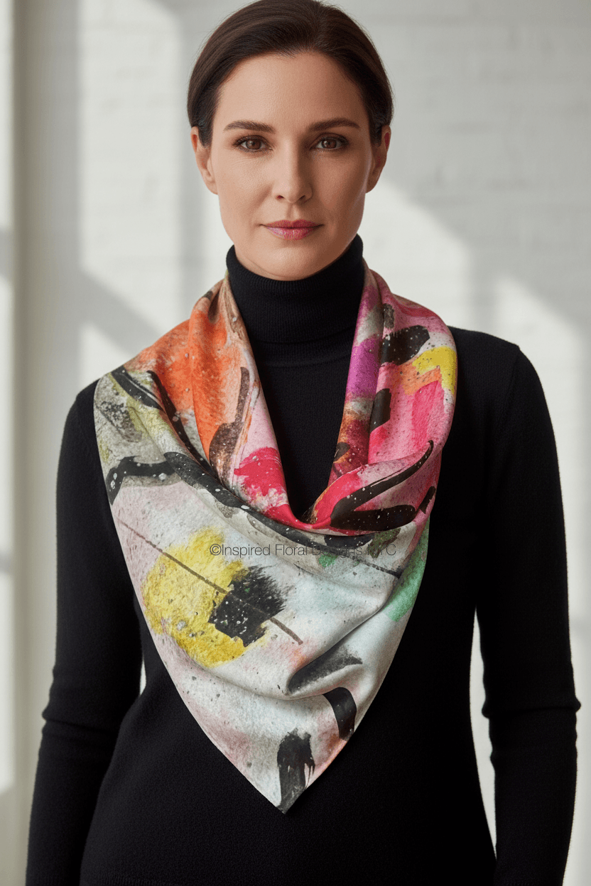 abstract floral scarf peace by inspired floral designs nyc on a model with black turtleneck sweater and light background