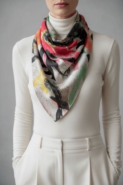 model wearing peace silk twill scarf by inspired floral designs nyc llc with cream turtleneck and cream pants copyright