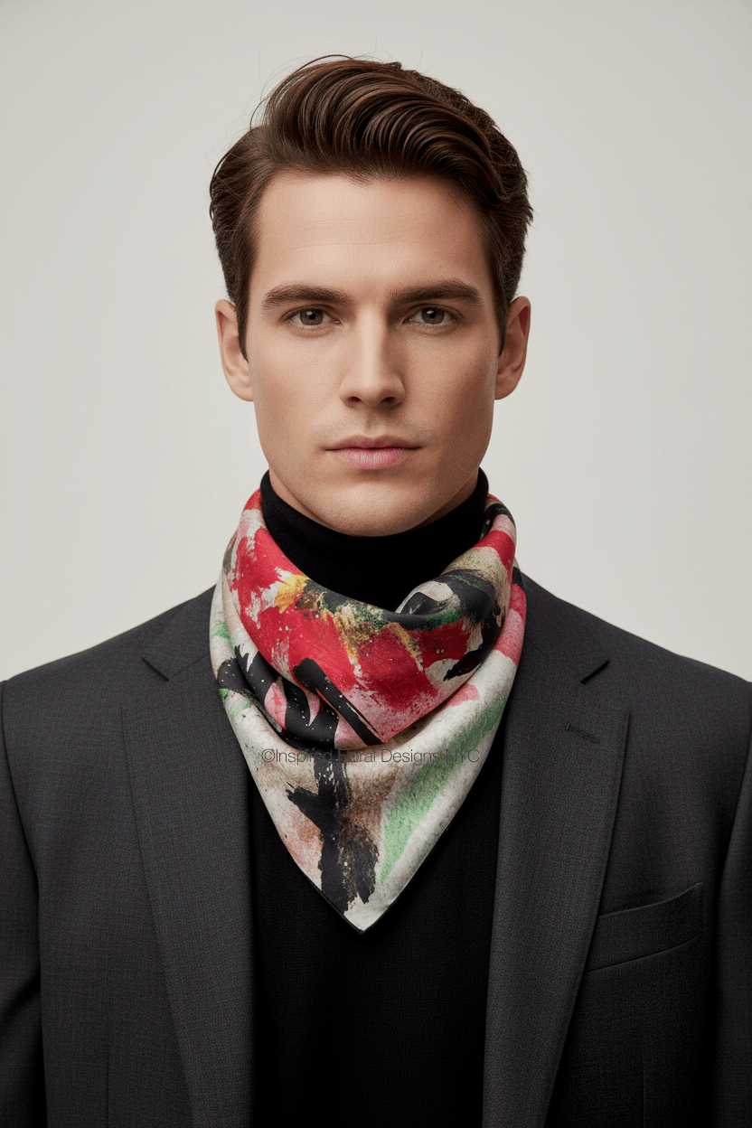 man wearing peace silk twill scarf by inspired floral designs nyc llc with gray jacket and black turtleneck copyright