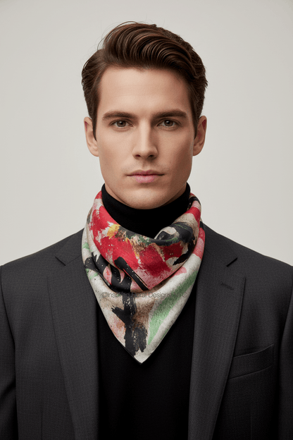 man wearing peace silk twill scarf by inspired floral designs nyc llc with gray jacket and black turtleneck copyright