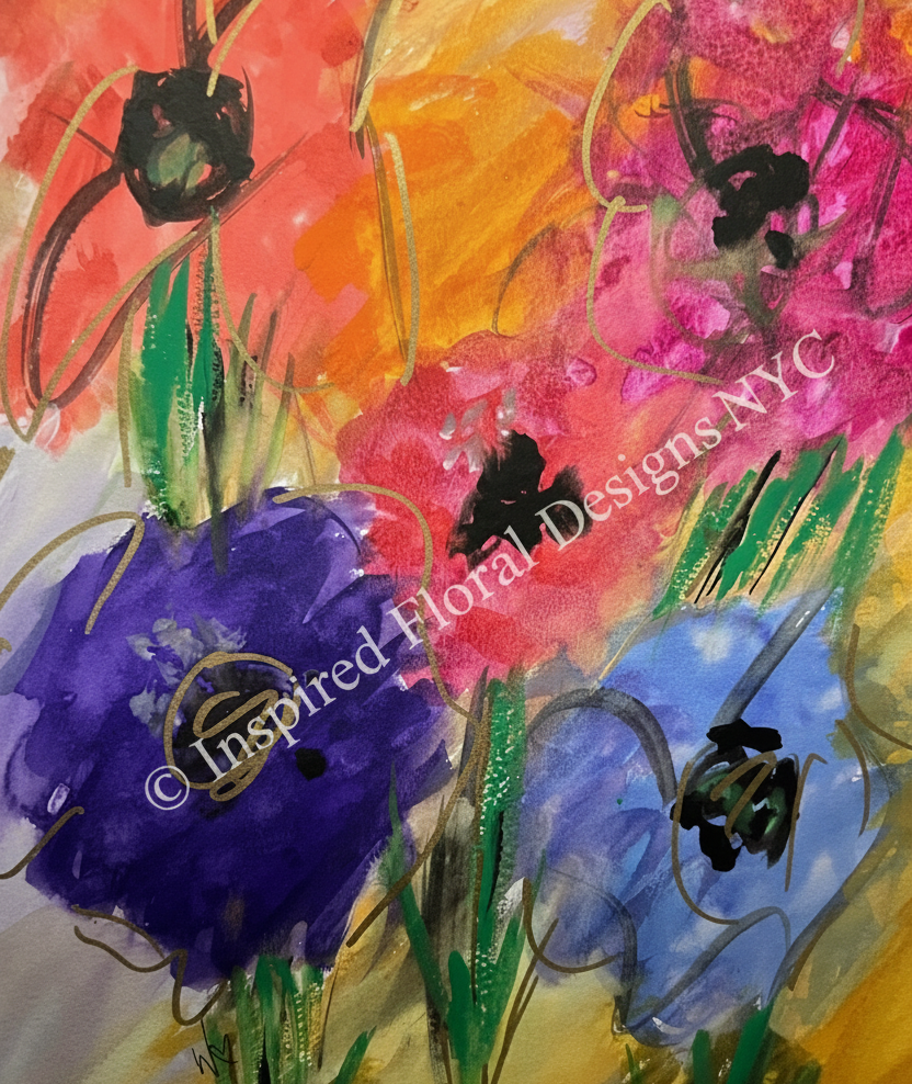 Abstract floral painting/scarf by Whitney at Inspired Floral Designs NYC llc with expressive brushstrokes in purple, blue, pink, orange, and yellow, with green stems and black flower centers. A diagonal watermark reads 'Inspired Floral Designs NYC'. Copyright