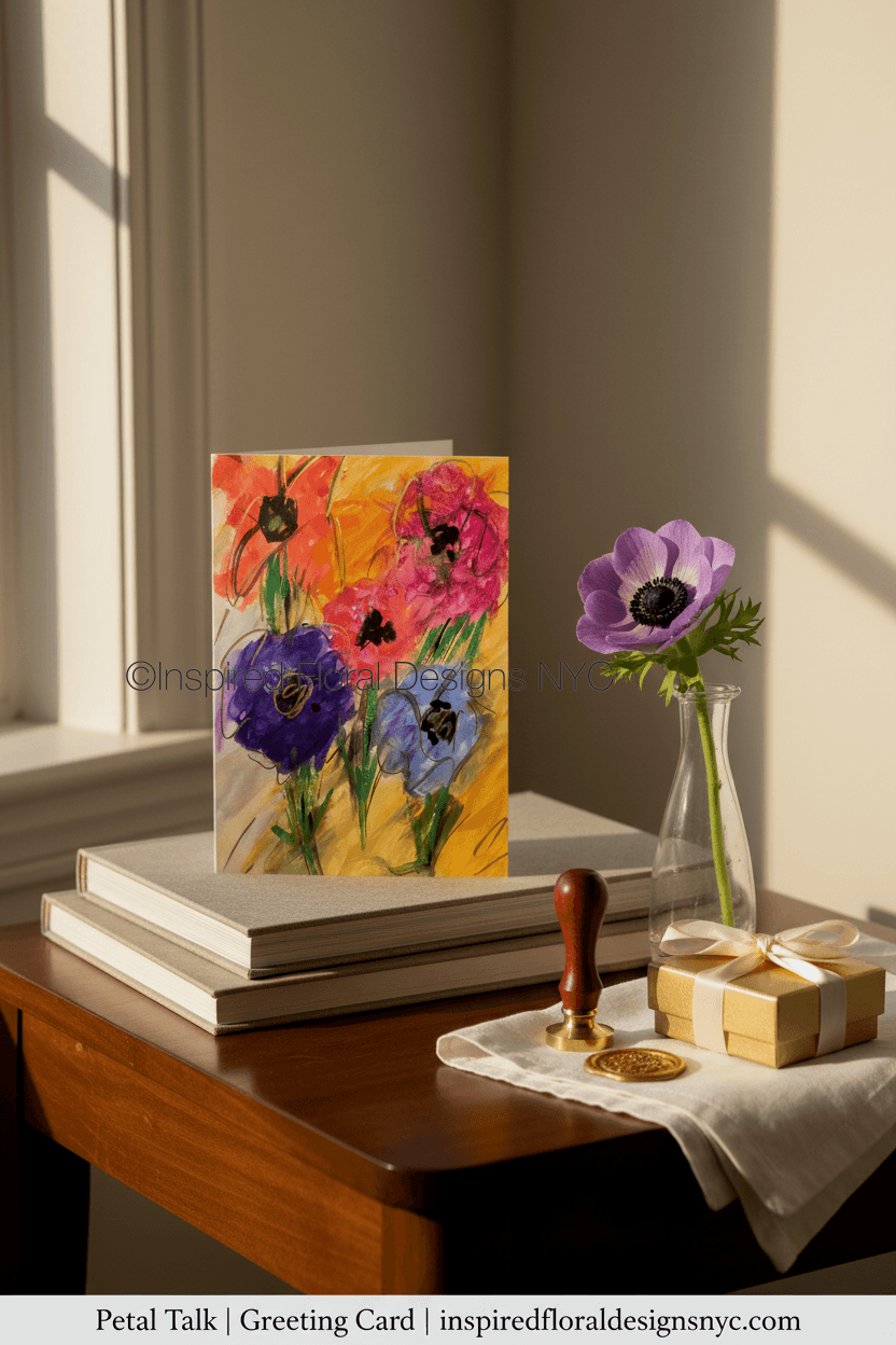 Greeting card with floral design by whitney petal talk inspired floral designs nyc llc on a wooden table with a vase and gift box. copyright 