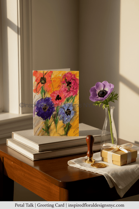 Greeting card with floral design by whitney petal talk inspired floral designs nyc llc on a wooden table with a vase and gift box. copyright 