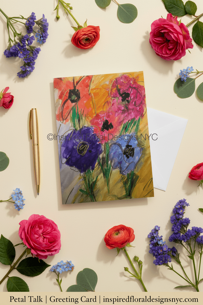 petal talk greeting card colorful painting by whitney inspired floral designs nyc llc surrounded by flowers and pen copyright