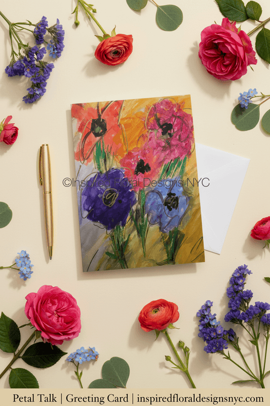 petal talk greeting card colorful painting by whitney inspired floral designs nyc llc surrounded by flowers and pen copyright