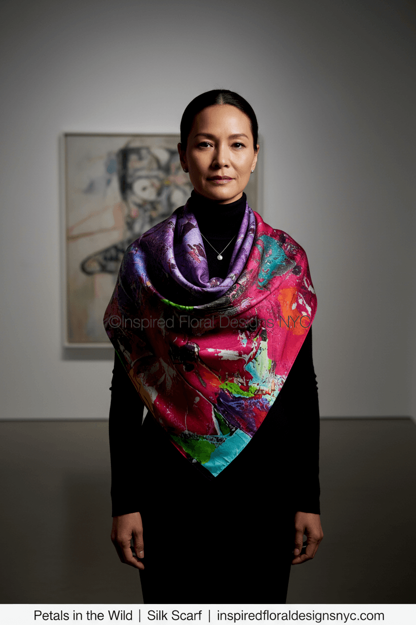 woman wearing bright floral abstract scarf  petals in the wild by whitney inspired floral designs nyc in an art gallery setting copyright 