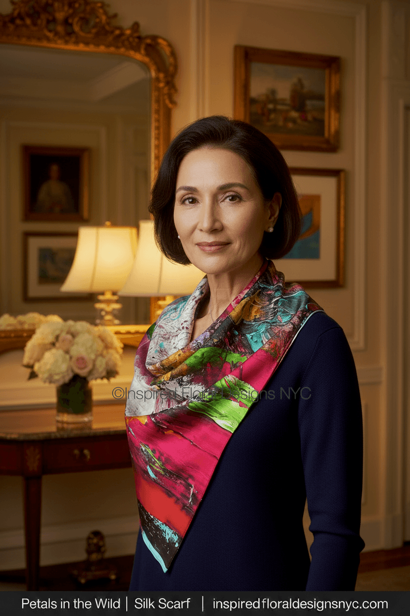 Woman wearing a colorful floral abstract scarf petals in the wild by whitney inspired floral designs nyc llc in an elegant room with paintings and a lamp. copyright 