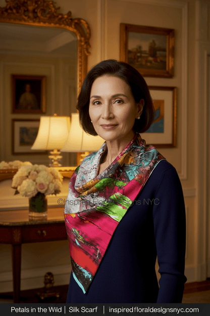 Woman wearing a colorful floral abstract scarf petals in the wild by whitney inspired floral designs nyc llc in an elegant room with paintings and a lamp. copyright 