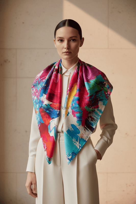 petals unleashed abstract floral scarf by whitney inspired floral designs nyc on a model wearing cream with a minimal cream background copyright
