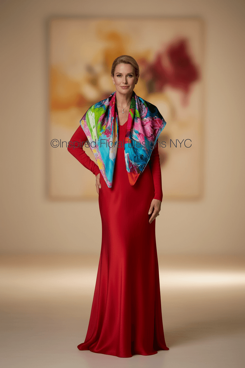 woman wearing scarf in red dress with painting behind her inspired floral designs nyc llc copyright