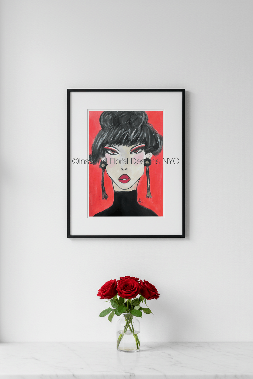 Framed artwork of a stylized face with red background on a white wall, next to a vase of red roses by Inspired Floral Designs NYC LLC copyright