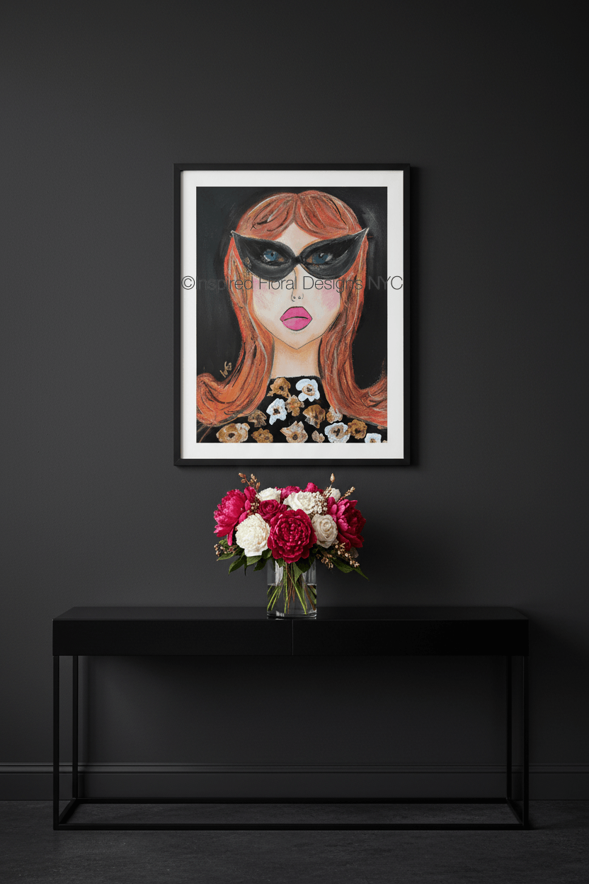 Framed artwork of a woman's face with red hair and black mask on a dark wall above a black console table with flowers by Inspired Floral Designs NYC LLC copyright