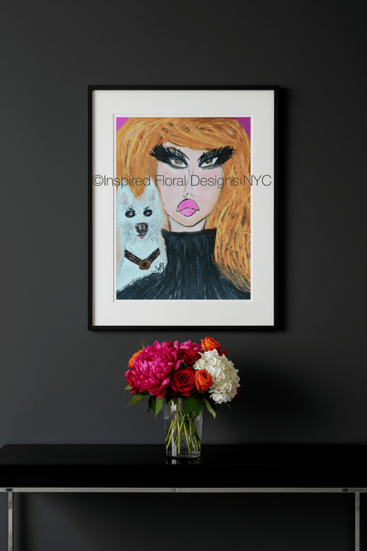 Framed artwork of a woman with a dog on a black wall above a vase of flowers by inspired floral designs nyc llc copyright