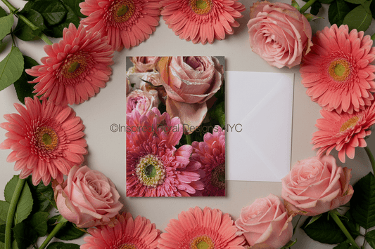Pink flowers and a photo of pink roses on a light background by whitney inspired floral designs nyc copyight