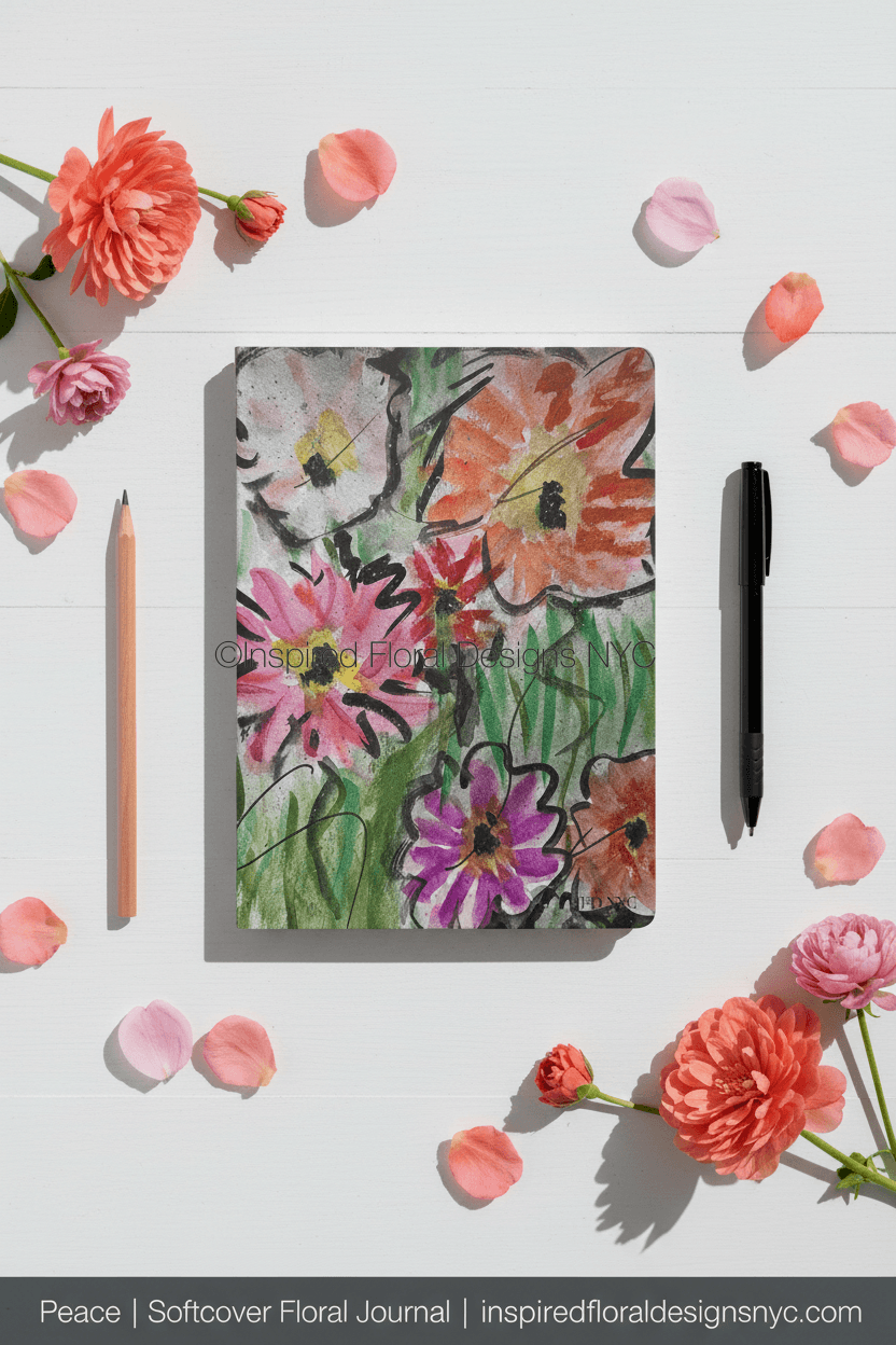 Floral journal with a pen and pencil on a white background with flowers.
