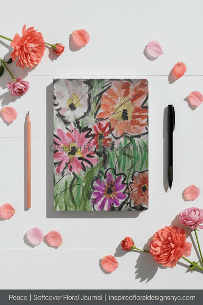 Floral journal with a pen and pencil on a white background with flowers.