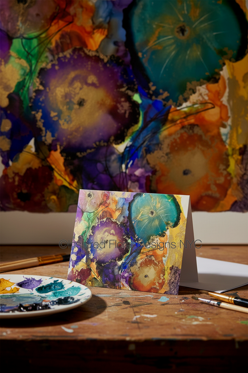 Colorful painting on a greeting card with a paint palette and brushes in the foreground inspired floral designs nyc llc copyright