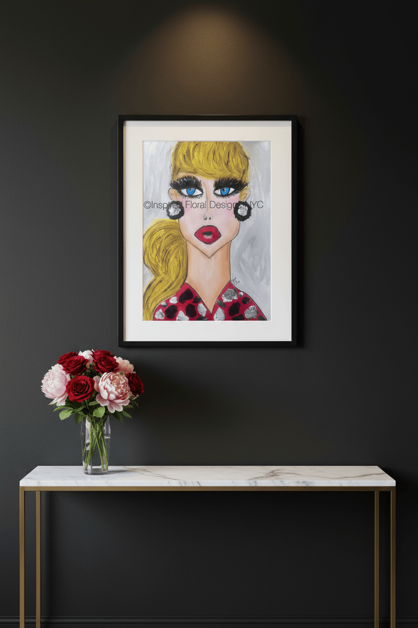 A framed fashion art print of a blonde woman with bold makeup and red lips, displayed on a dark charcoal wall above a marble console table with a vase of red and pink flowers by Whitney at Inspired Floral Designs NYC LLC copyright