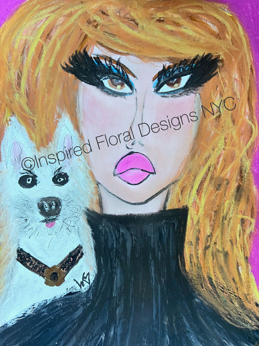 A stylized portrait painting of a woman with bright orange hair, dramatic black eye makeup, pink lips, and a black turtleneck, alongside a white dog wearing a brown collar by Whitney at Inspired Floral Designs NYC. The background is a vivid magenta-pink, with a watermark reading 'Inspired Floral Designs NYC' across the center copyright.