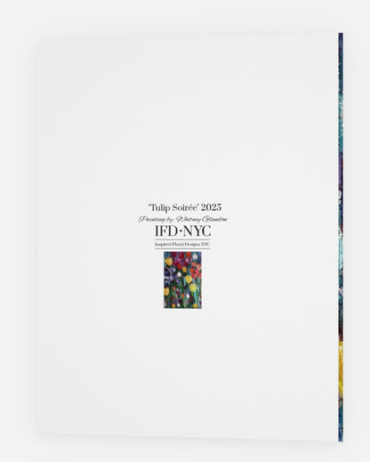 back of greeting card for Tulip Soiree 2023 featuring a colorful floral painting by whitney for inspired floral designs nyc on a white background.
