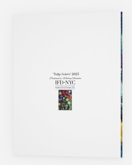 back of greeting card for Tulip Soiree 2023 featuring a colorful floral painting by whitney for inspired floral designs nyc on a white background.