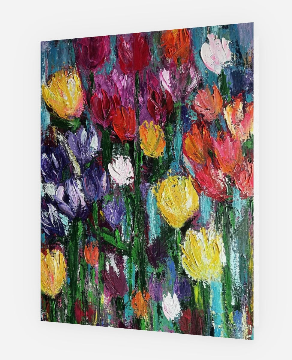 Colorful tulip painting made into a greeting card by whitney at inspired floral designs nyc with a white background