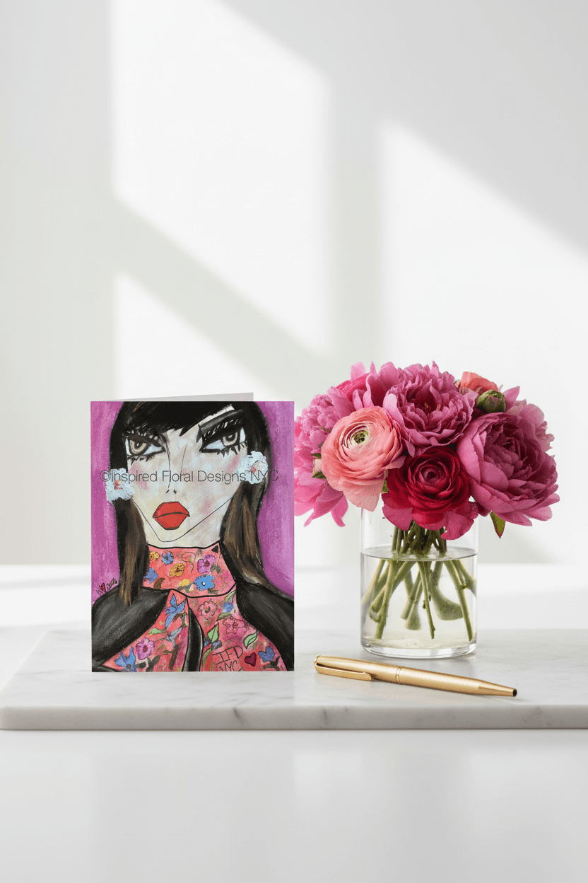 Greeting card of stylized face by inspired floral designs nyc next to a vase of pink flowers on a white surface.
