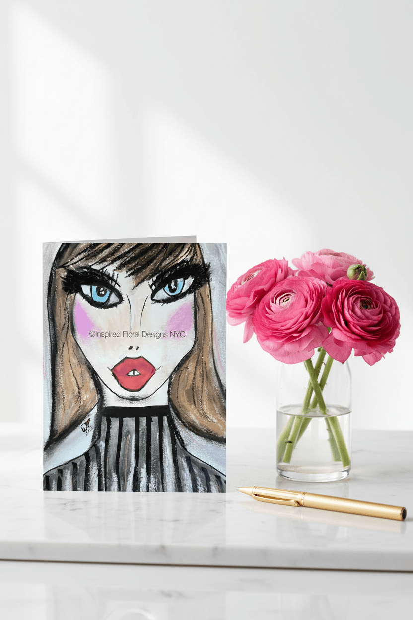 fashion drawing of woman's face with large red lips, big eyes and black and white striped top with pink flowers in a vase by inspired floral designs nyc llc 