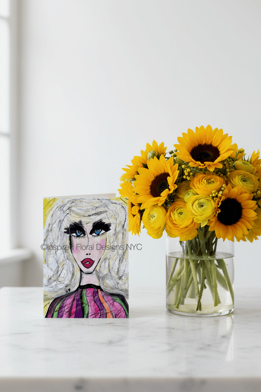 Vase of sunflowers on a marble surface with a greeting card of stylized face by inspired floral designs nyc in the background