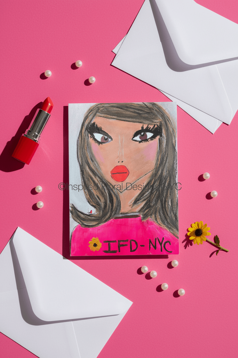 Card with a stylized face design on a pink background with lipsticks and envelopes. by whitney inspired floral designs nyc llc copyright