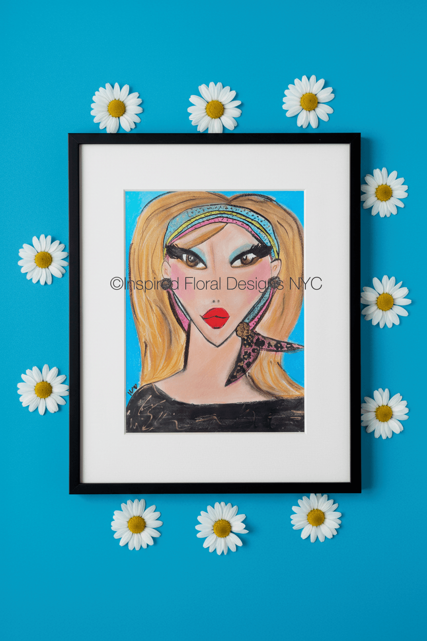 Framed artwork of a stylized face with flowers on a blue background by whitney inspired floral designs nyc llc copyright