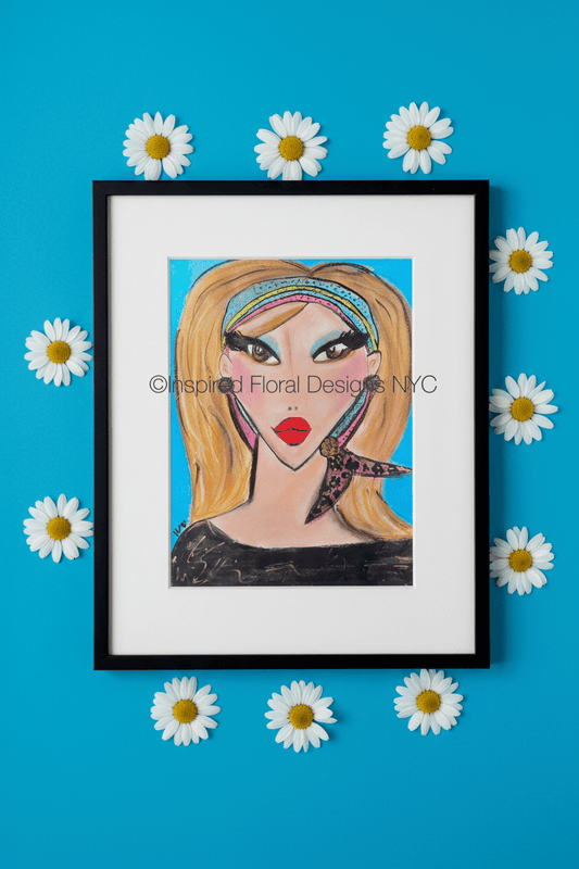 Framed artwork of a stylized face with flowers on a blue background by whitney inspired floral designs nyc llc copyright