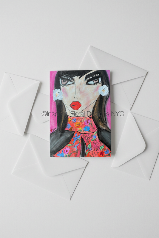 Greeting card with a stylized illustration by inspired floral designs nyc of a woman's face on a white background