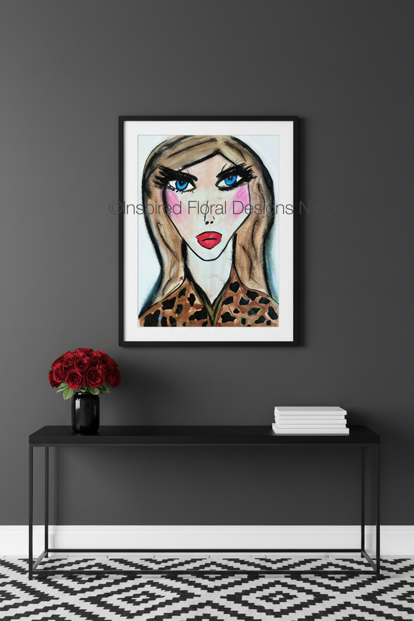 stylized face by whitney inspired floral designs nyc framed on gray wall with console books and red flowers copyright 