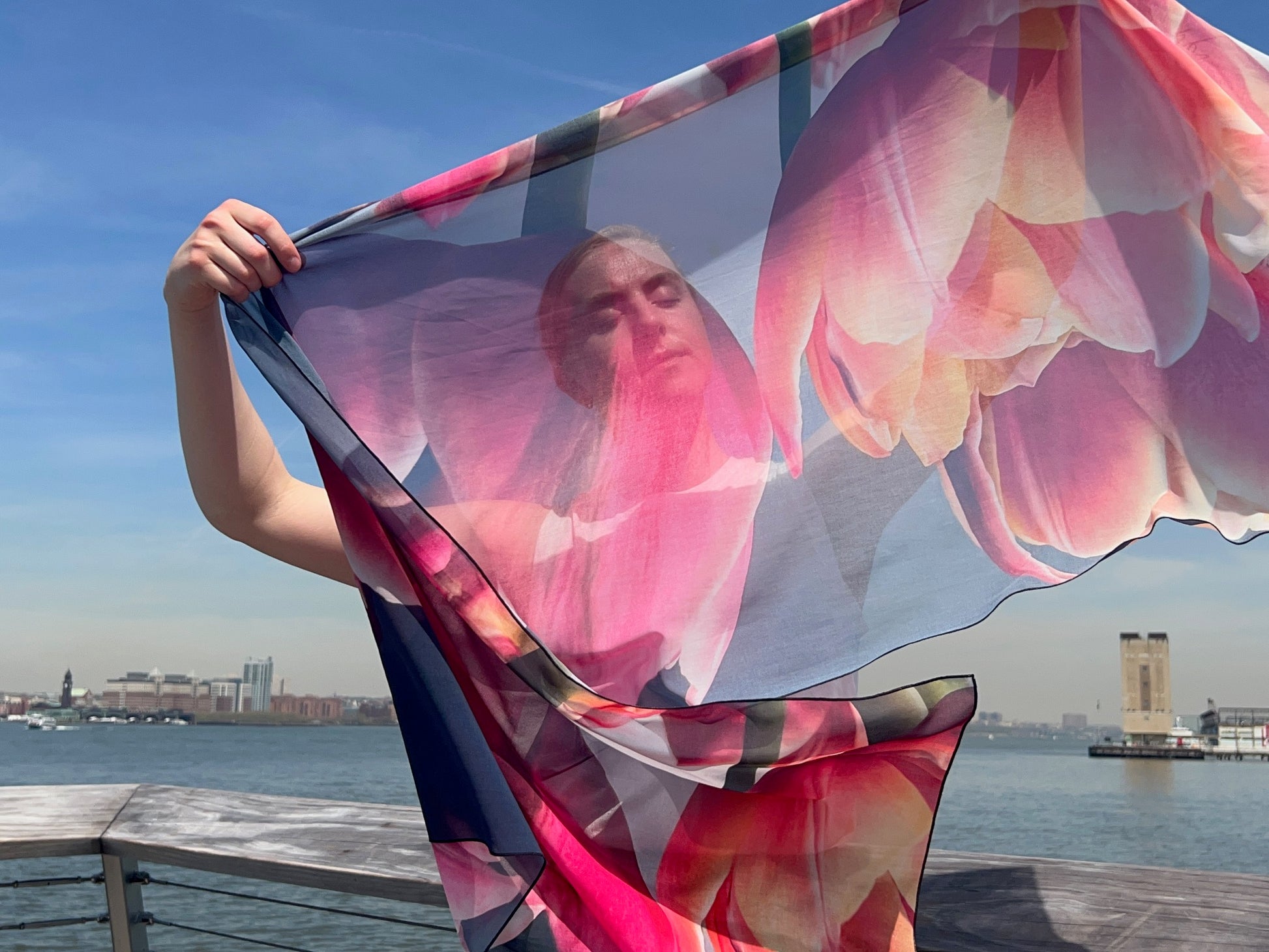 ure vibrant colors! This scarf titled "Étendre" is a head turner for sure! Stunning poly georgette material measuring 25x75 - The colors are vibrant and perfect as a shawl or scarf for Spring, Summer or really anytime of the year! claire wearing etendre vegan georgette 